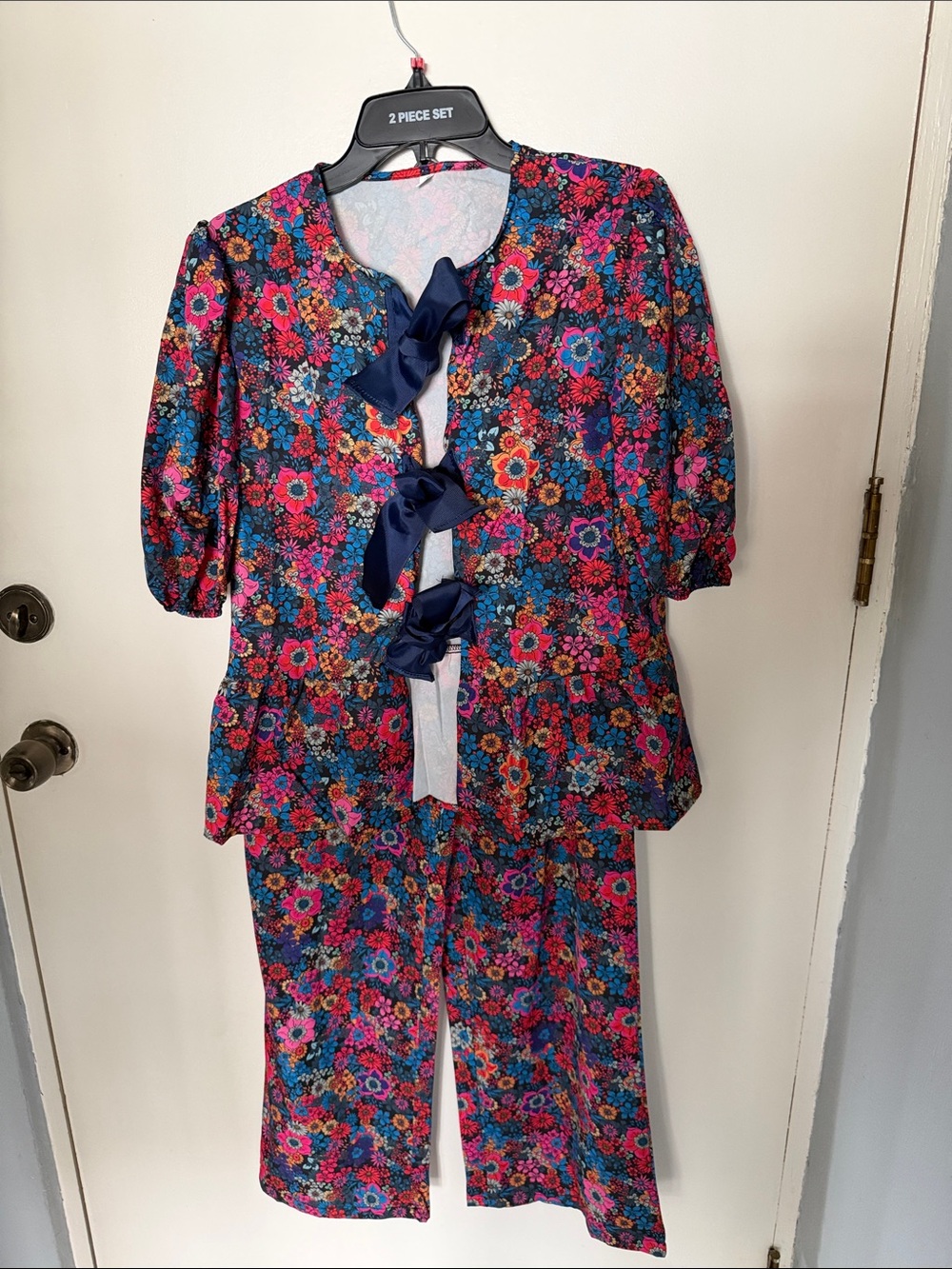 NWOT Floral Print Bow Decor Ruffle Hem Short Sleeve Shirt-Pants 2Piece Set Large